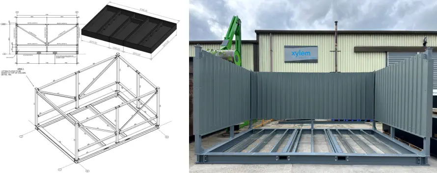 Photo of a wash tank in mid construction for a client, along with some CAMCAD drawings from our R&D team.