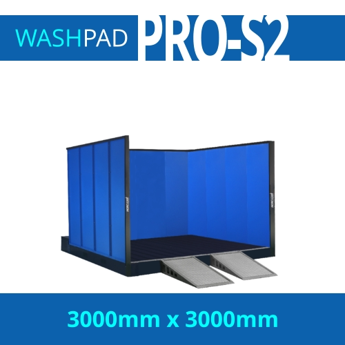 PRO-S2 for the cleaning of plant and machinery Washbay measuring 3m x 3m, with three walls to protect from overspray when cleaning of plant and machinery.